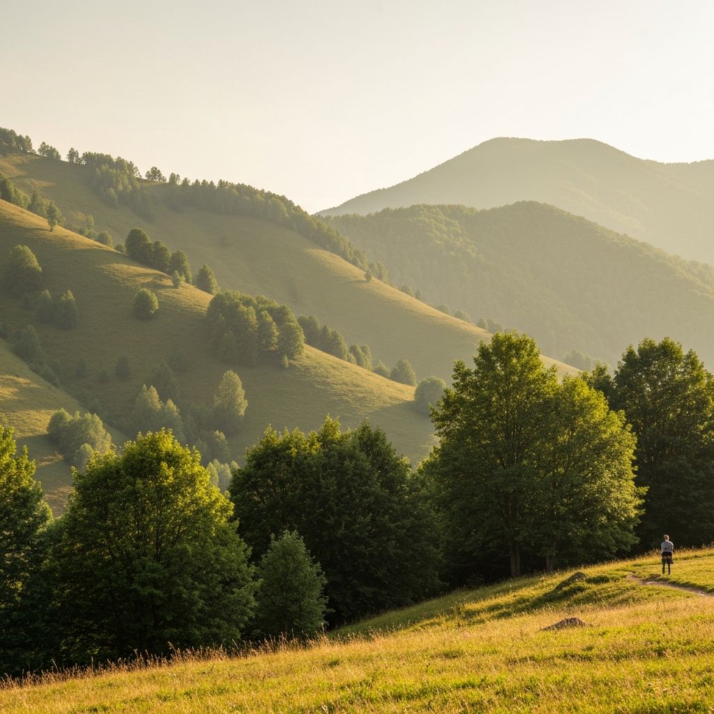 Serene natural landscape with mountains and soft light